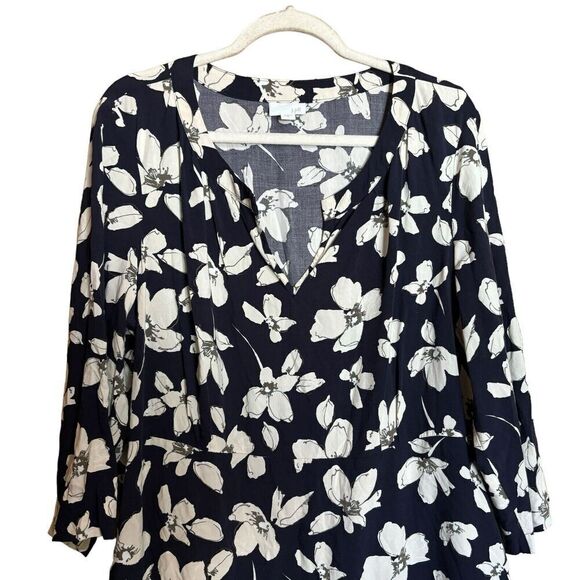 J Jill Shift Dress Womens XL Multicolor Floral Artsy Midi Split Neck - Picture 2 of 8